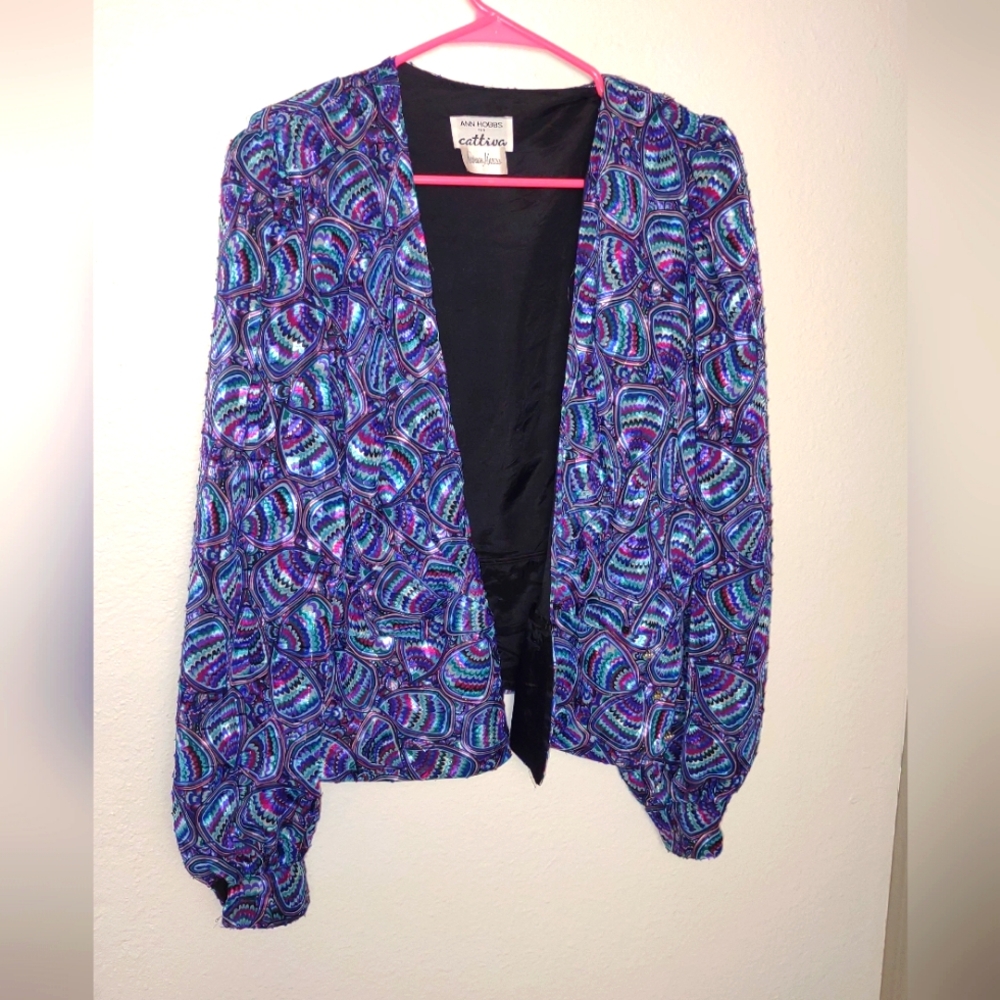 Vtg Ann Hobbs For Cattiva Neiman Marcus Blue & Purple Paisley Women Top Size 14